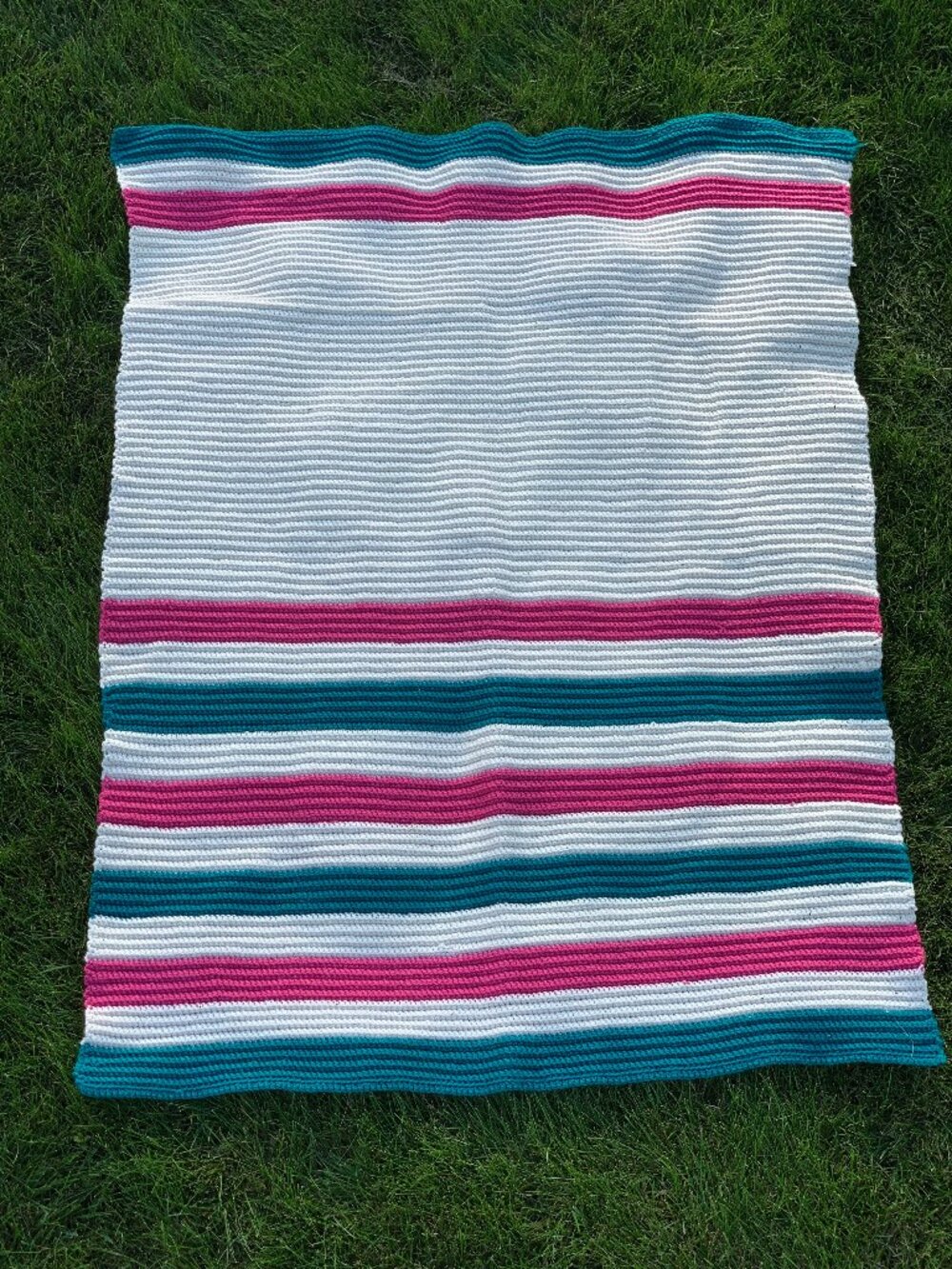 Vintage 80s Afghan Cream Blue Pink Striped Hand Knit Throw Cottagecore Blanket